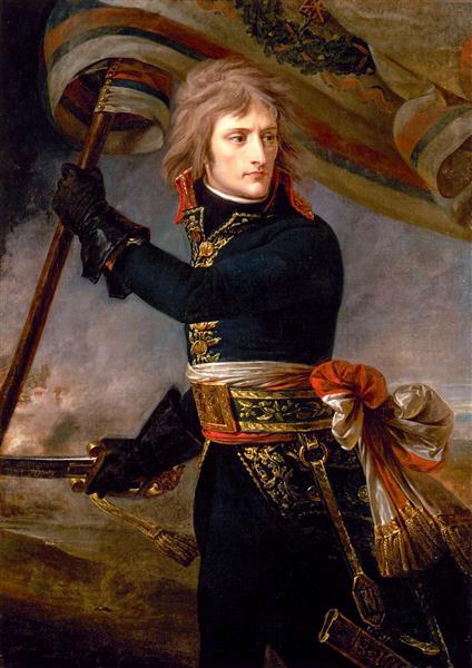 Antoine-Jean Gros, Bonaparte al ponte di Arcole (1796) — il generale Bonaparte alla testa della carica, tricolore e sciabola, fumo di battaglia; 15-17 novembre 1796, palazzo di Versailles