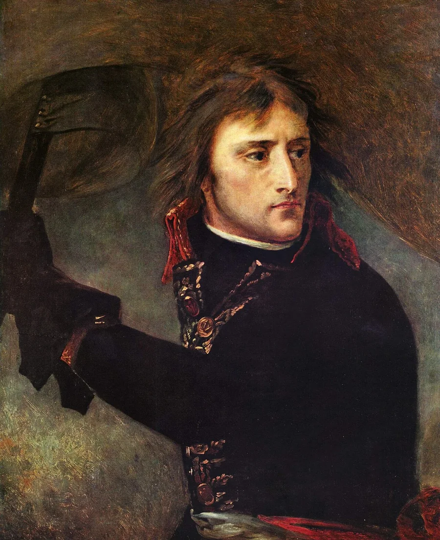 Le jeune général Bonaparte, cheveux longs et écharpe tricolore, se retourne, un drapeau dans la main gauche et l'épée dans la droite, sur un fond de fumée