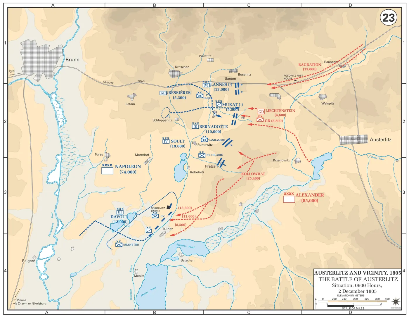 Carte de la situation vers 9 heures le 2 décembre 1805 : les divisions de Soult montent à l'assaut du plateau de Pratzen pendant que les colonnes alliées attaquent au sud