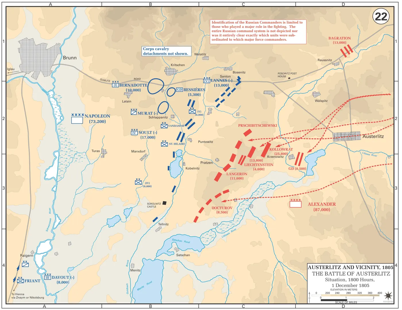 Carte des positions françaises et alliées le soir du 1er décembre 1805 autour du plateau de Pratzen, entre Brünn et Austerlitz