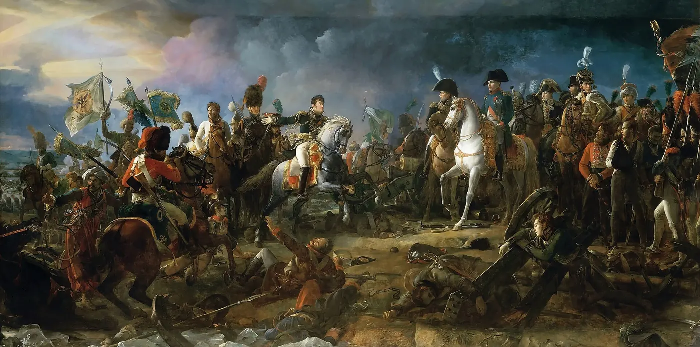 Napoléon à cheval entouré de son état-major reçoit le général Rapp, sabre à la main, qui arrive au galop avec des prisonniers et des étendards russes