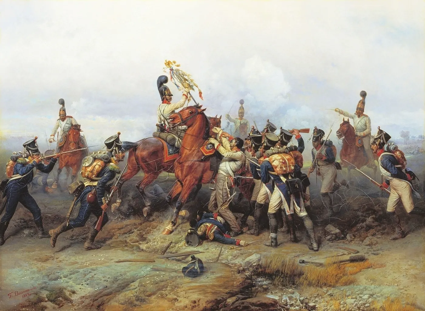 Les cavaliers de la Garde russe en cuirasse chargent l'infanterie française et s'emparent de l'aigle du 4e régiment de ligne