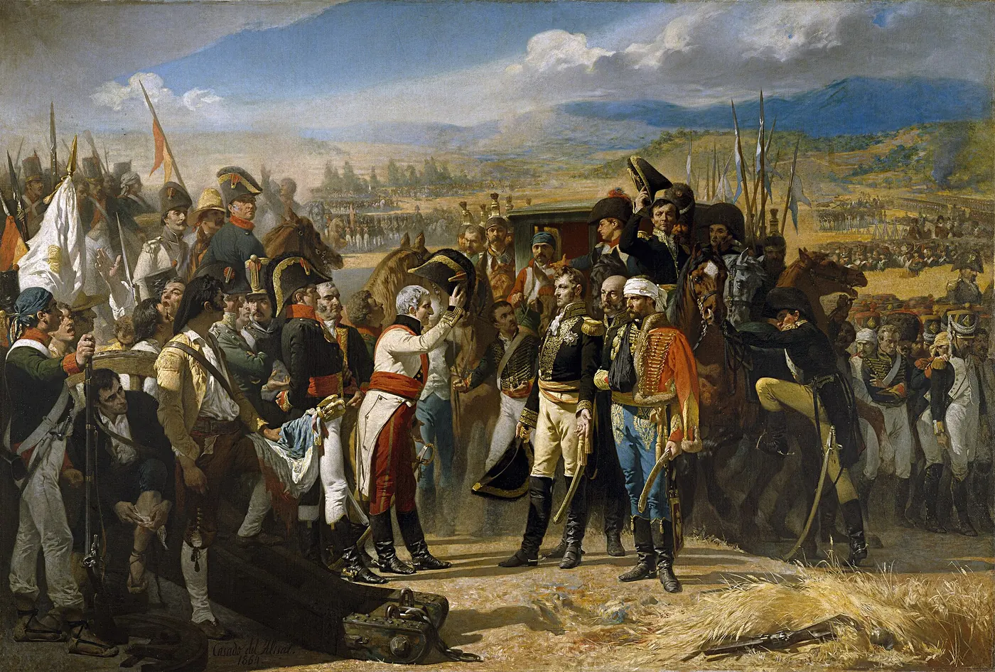 A sinistra il generale spagnolo Castaños, cappello in mano, circondato dai suoi ufficiali; al centro il generale francese Dupont, in uniforme blu, si inchina consegnandogli la spada; a destra soldati francesi vinti e, sullo sfondo, il fumo del campo di battaglia