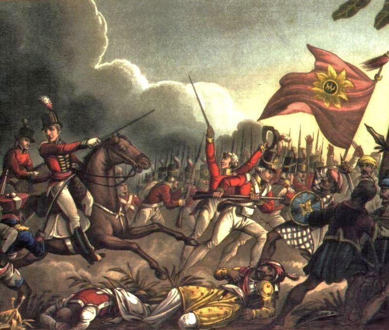 Battle of Assaye, 23 September 1803 — British redcoat infantry, cavalry charge, Maratha forces; Wellesley leads the attack in India