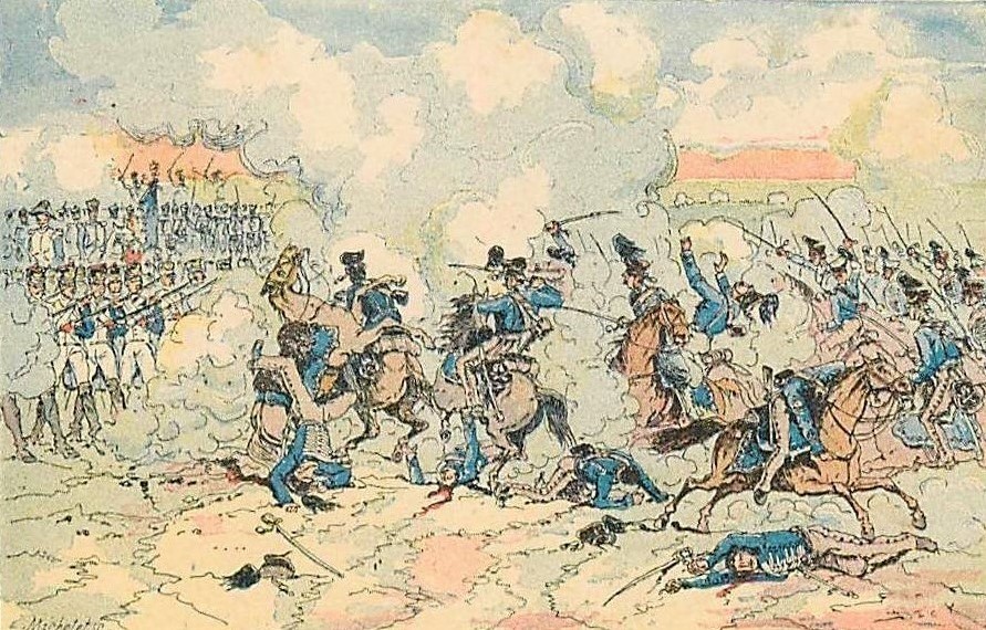 Battle of Auerstedt, 14 October 1806 — historical illustration: French infantry and cavalry in clash, gunpowder smoke; Davout, Prussian campaign, Bernadotte controversy