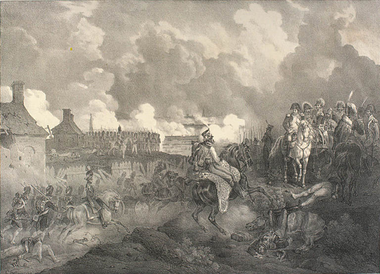 Battle of Bautzen, 1813 — Bellange engraving: Napoleon and staff, cavalry, smoke; Duroc mortally wounded near Reichenbach