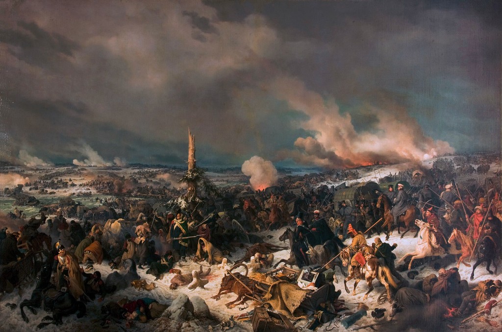 Battle of the Berezina, November 1812 — snow, makeshift bridges, Grand Army retreat; Russian pursuit under Kutuzov