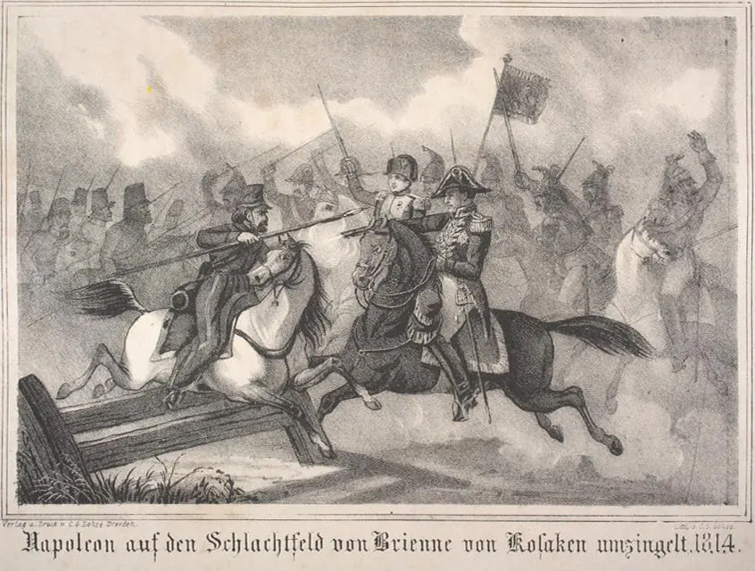 Lithograph: Napoleon on horseback at the centre, an officer at his side, a Cossack bearing down on him with lance lowered, other riders with raised lances in the smoke of a battlefield