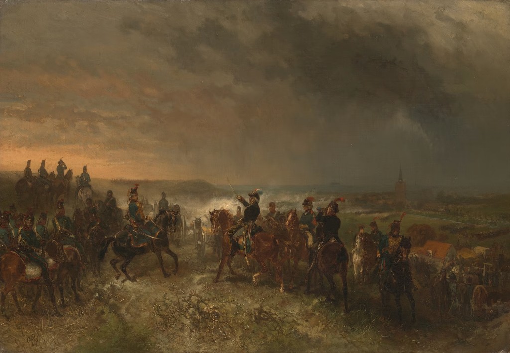 Battle of Castricum, 6 October 1799 — painting: Brune on horseback, cavalry, smoke, village of Castricum; Franco-Batavian victory