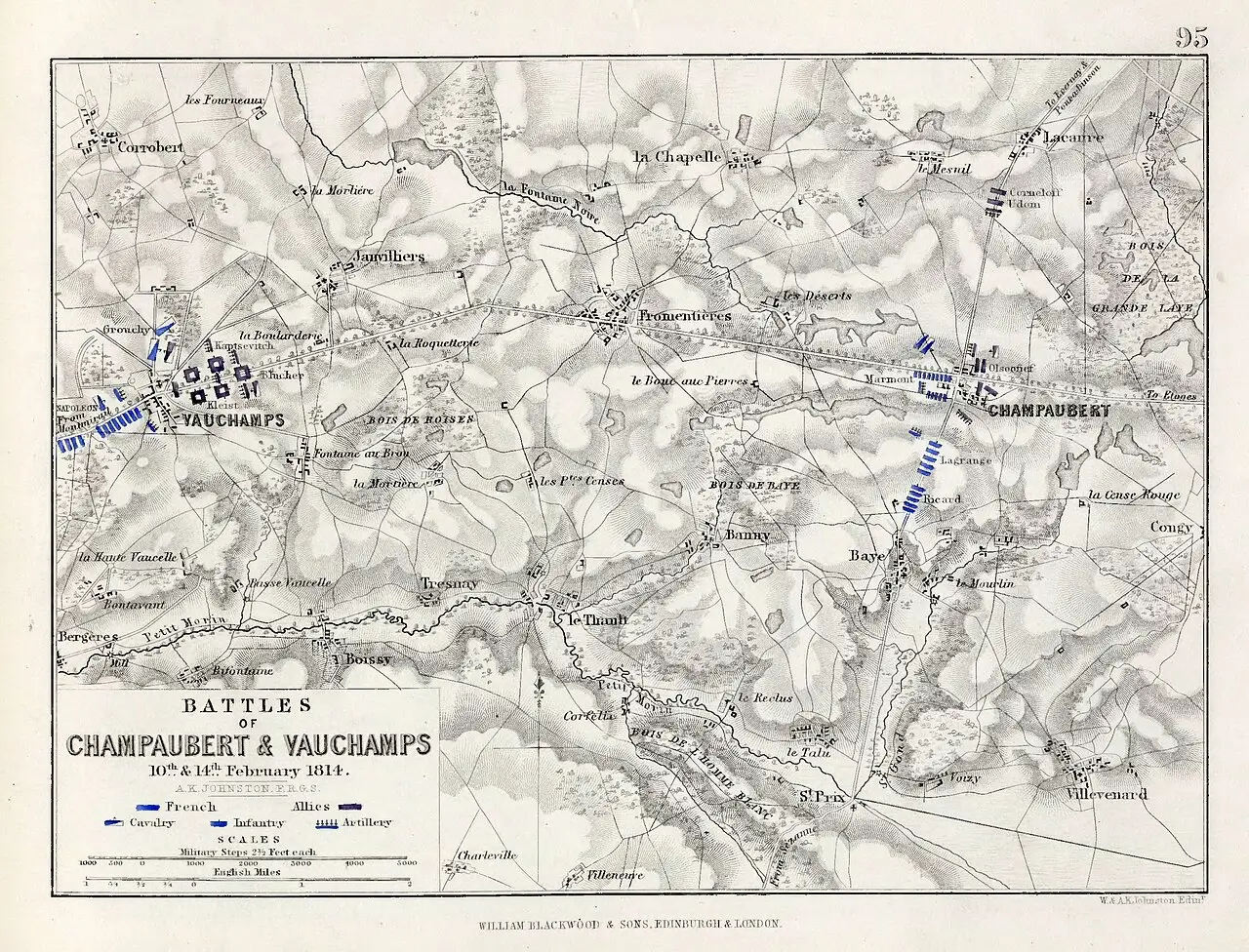 Carte gravée du XIXᵉ siècle montrant les villages de Champaubert, Baye, Bannay, Vauchamps et le cours du Petit-Morin, avec les positions françaises et alliées figurées par des rectangles colorés
