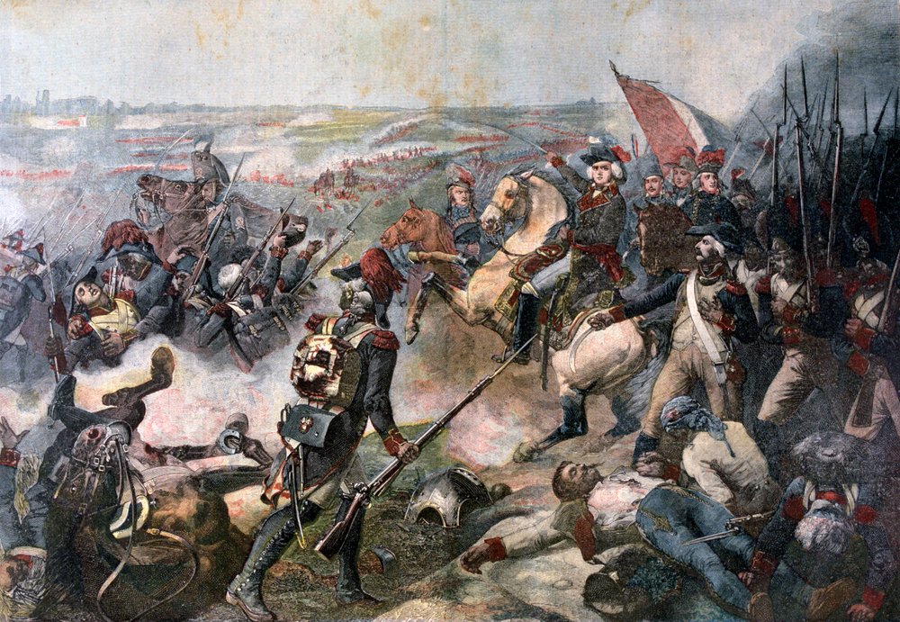 Battle of Fleurus, 26 June 1794 — Mauzaisse: Jourdan on horseback, infantry, smoke; victory of the Army of Sambre-and-Meuse
