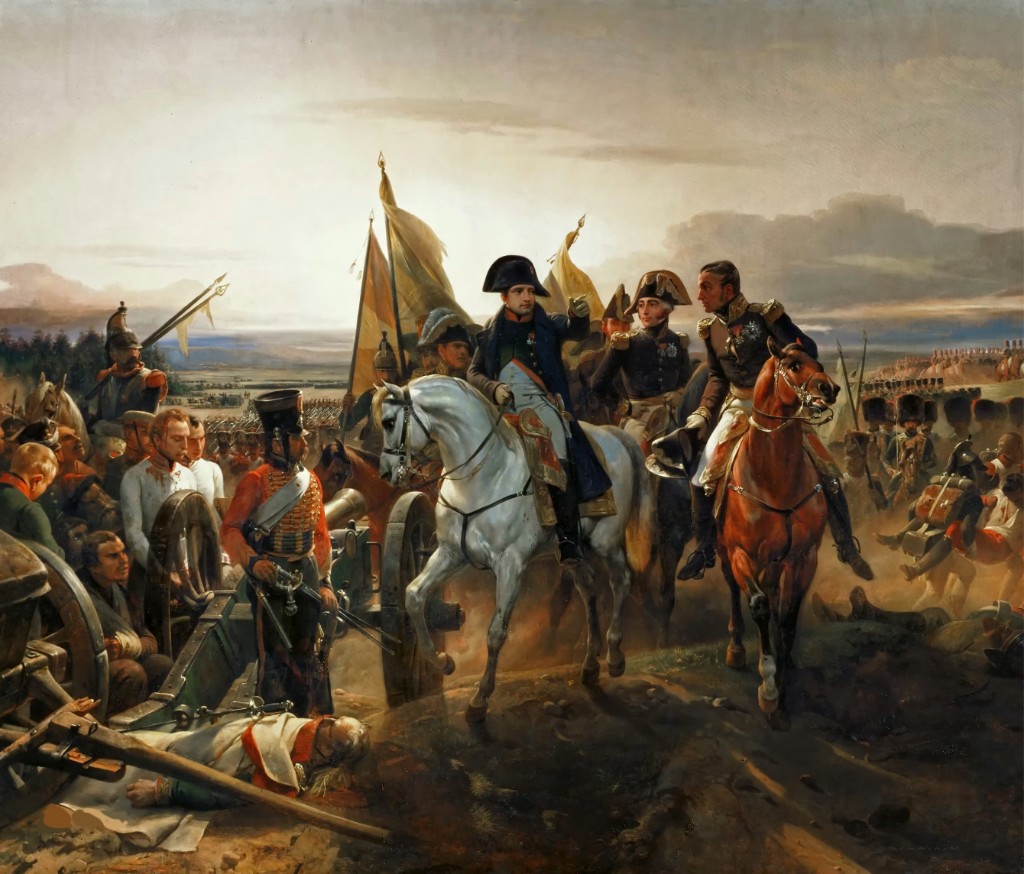 Battle of Friedland, 14 June 1807 — painting by Horace Vernet: Napoleon on horseback, artillery and charge on the Alle; Victor, I Corps, Bennigsen