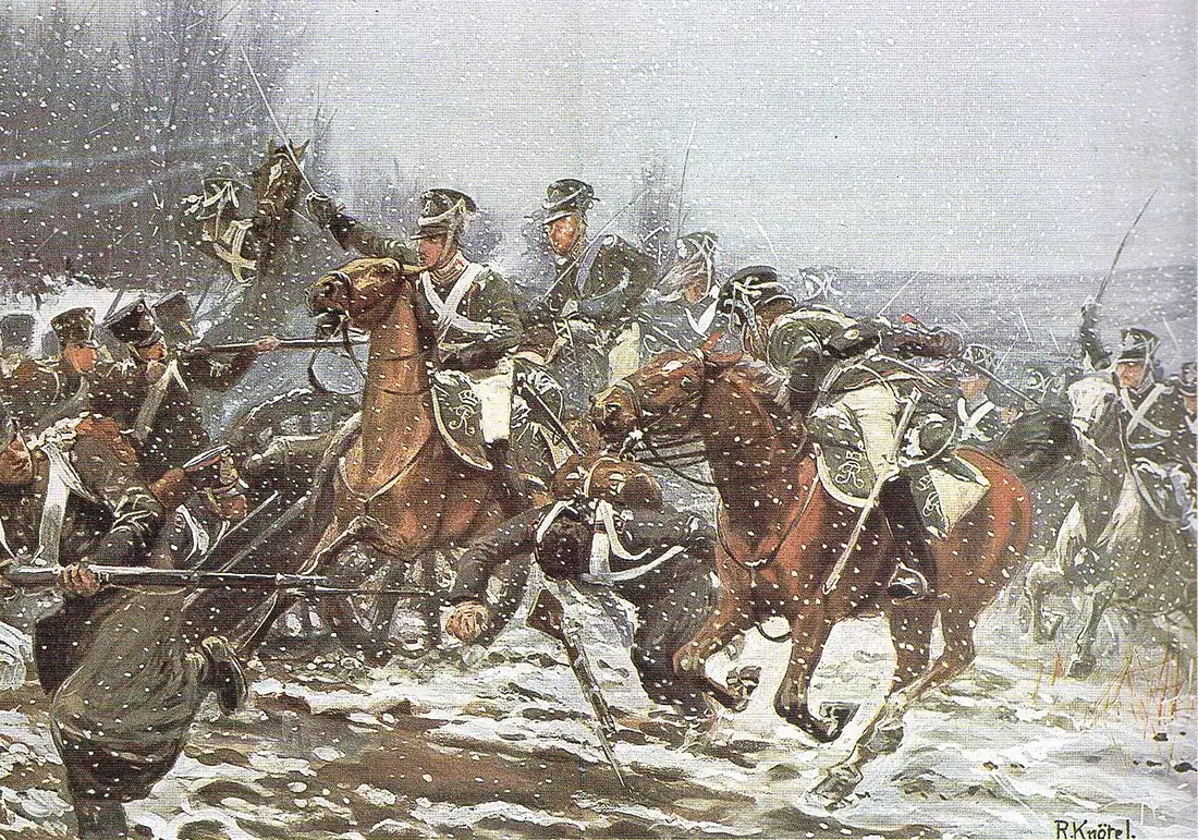 Württemberg horsemen at the gallop, sabres raised, charging through snow into a French line breaking up among village houses