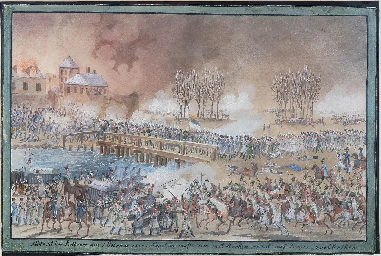 Watercolour: long lines of infantry and cavalry manoeuvring across a snow-covered plain under a low sky, smoking villages on the horizon