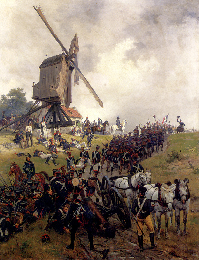 Battle of Ligny, 16 June 1815 — Ernest Crofts: Bussy windmill, French columns, artillery; Blücher against Napoleon