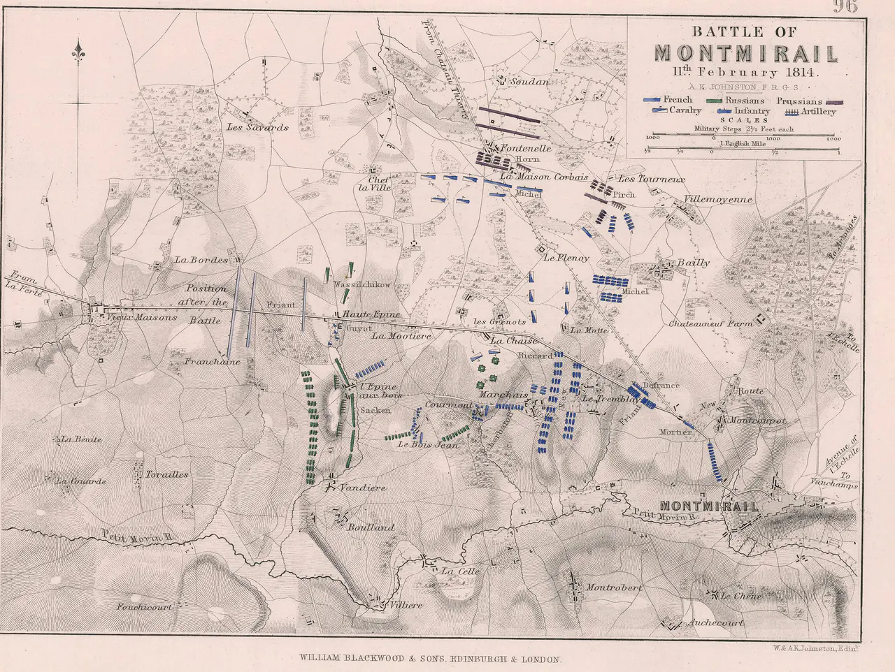 Nineteenth-century engraved map of the battle of Montmirail: the road from La Ferté to Montmirail runs across the field, the villages of Marchais, L'Épine-aux-Bois, Les Grenaux, Le Tremblay and Fontenelle are marked, with French units in blue, Russian in green and Prussian in purple