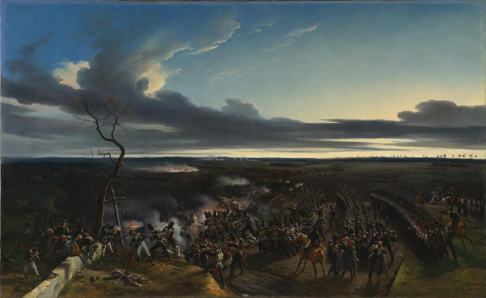 Large canvas: at dusk, grenadiers of the Old Guard in bearskin caps charge with the bayonet through the smoke, an eagle among them, while long columns of infantry climb to the right under a heavy sky