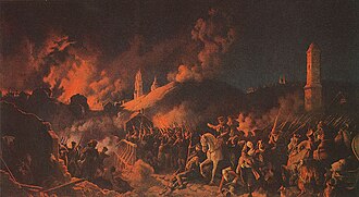 Schlacht bei Polozk, August 1812 — Nachtgefecht: Feuer, Infanterie und berittener Offizier; Gouvion Saint-Cyr, VI. Korps, Wittgenstein