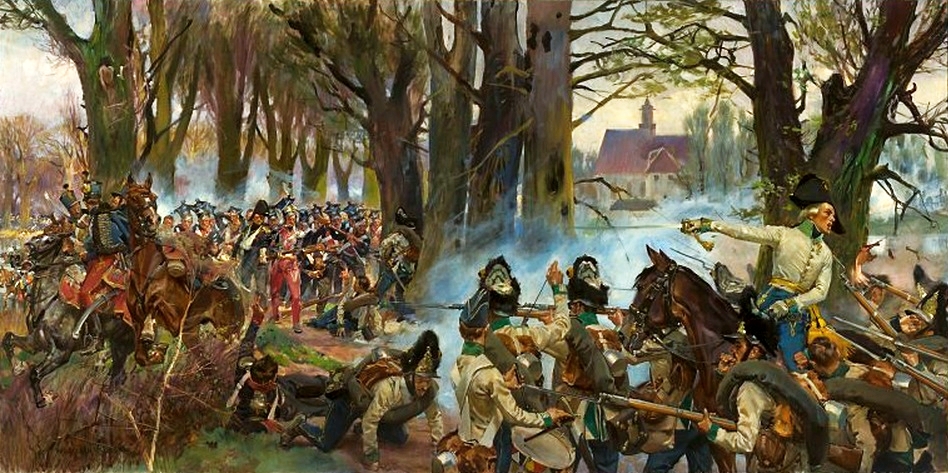 Schlacht von Raszyn, 19. April 1809 — Wojciech Kossak: polnische Infanterie in Blau gegen Österreicher in Weiß, Wald; Poniatowski, Herzogtum Warschau