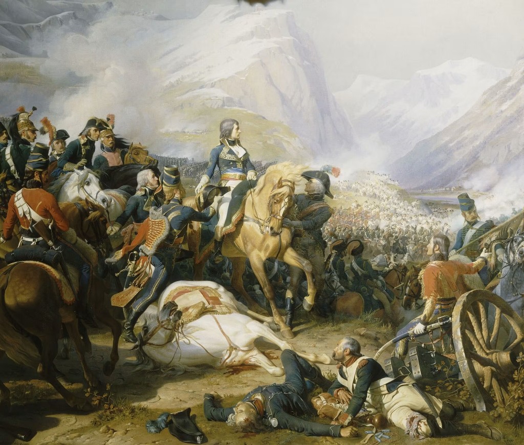 Battle of Rivoli, 14 January 1797 — painting: Bonaparte on horseback, smoke, infantry; Sérurier holds Mantua and traps Provera