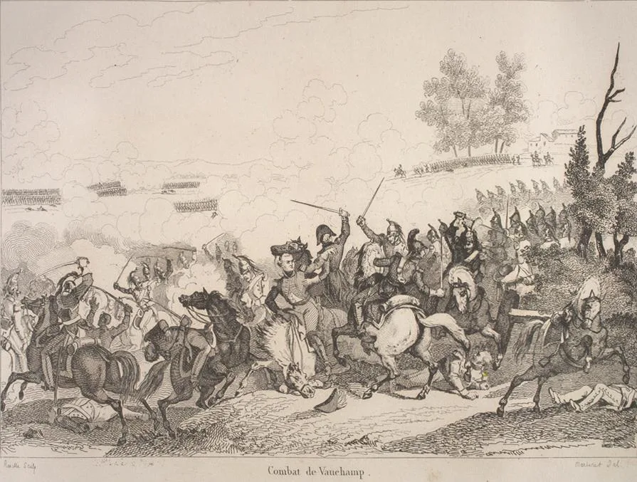 Black-and-white engraving: a cavalry melee, sabres raised and horses rearing, riders and foot soldiers down in the foreground, infantry lines and musketry smoke on the ridge behind