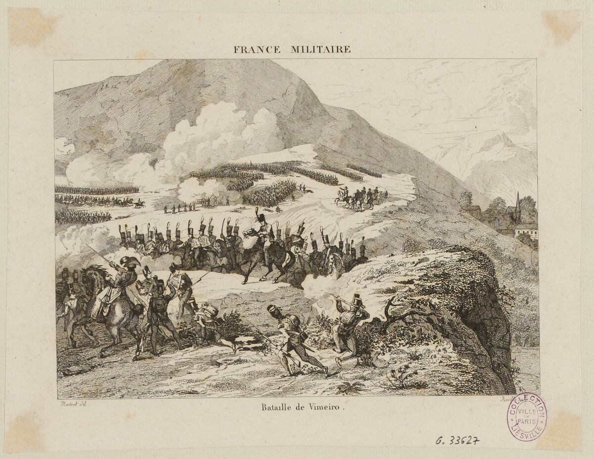 Schlacht bei Vimeiro, 21. August 1808 — Radierung der Reihe „France militaire“: französische Kolonnen, von Briten gehaltene Höhen; Junot, Wellesley, Halbinselkrieg