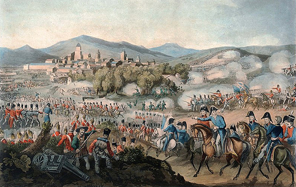 Battle of Vitoria, 21 June 1813 — painting: Wellington, redcoats, smoke, town of Vitoria; French defeat in Spain