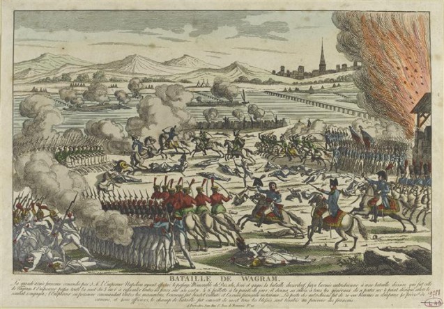 Battle of Wagram, 5–6 July 1809 — Jean engraving, Paris: infantry, cavalry, Danube and artillery smoke on the Marchfeld; Macdonald’s column, Archduke Charles