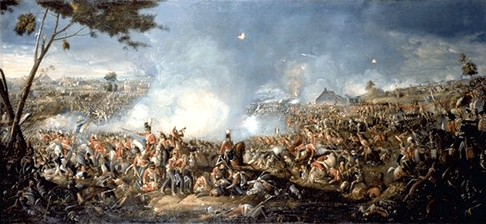 Battle of Waterloo, 18 June 1815 — William Sadler II: smoke, red infantry, army masses on the Mont-Saint-Jean plateau