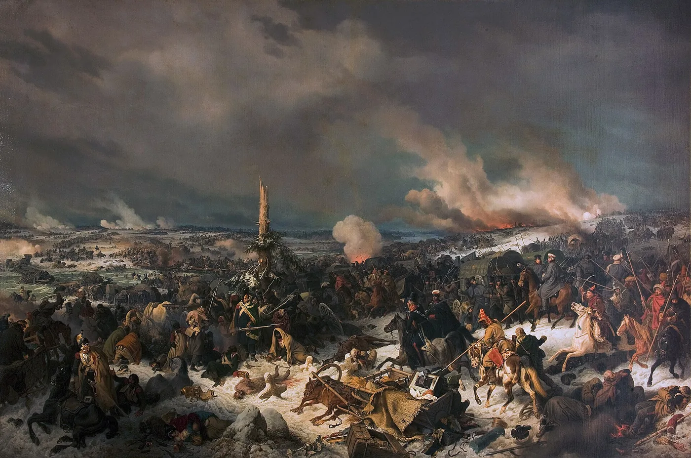 Sur une rive enneigée, une foule de soldats, de chevaux et de voitures se presse vers la rivière dans la fumée des incendies ; au premier plan, des morts, des bagages abandonnés et, à droite, des cosaques à cheval qui chargent la cohue