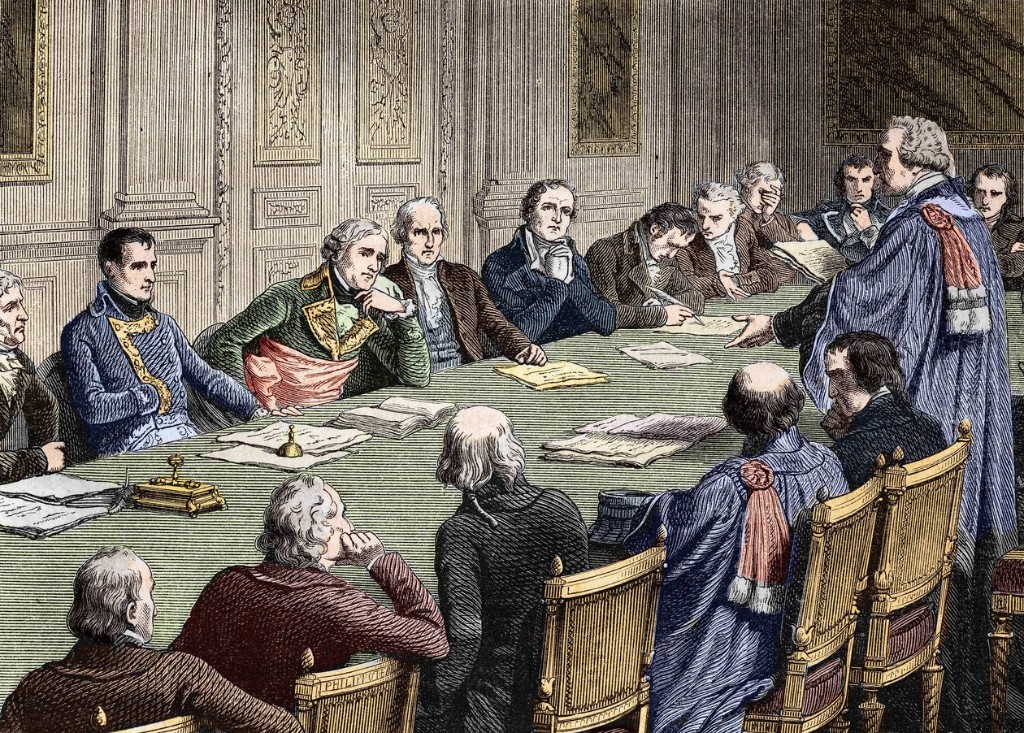 Jean-Jacques Régis de Cambacérès and Napoleon Bonaparte — discussion of the Civil Code at the Council of State, hand-coloured engraving (c. 1800–1804): session around the green table, councillors, Napoleonic Code draft