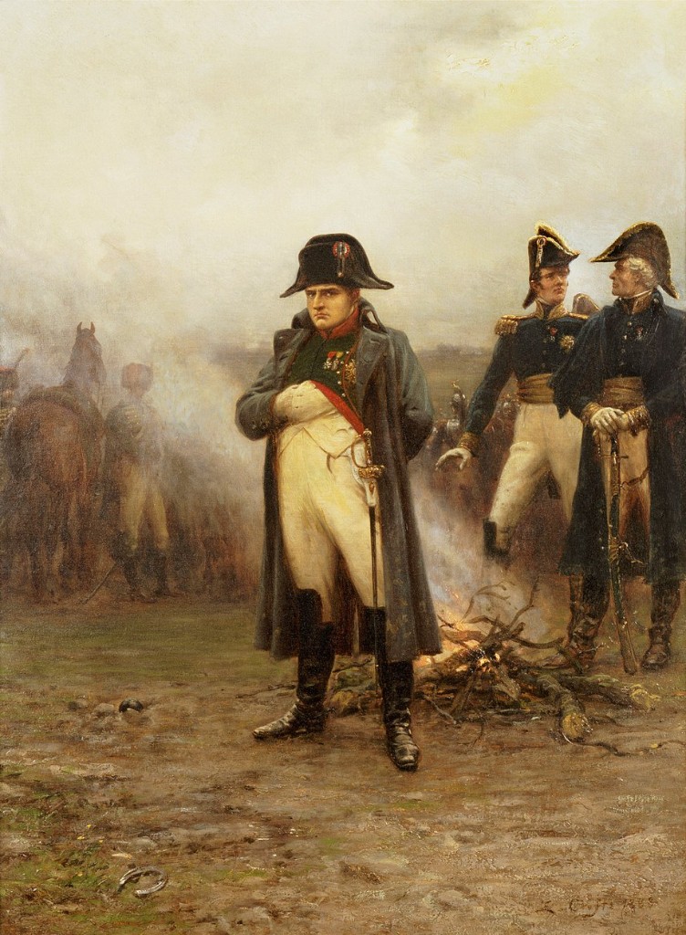 1815 Campaign — Ernest Crofts: Napoleon and staff on muddy battlefield, smoke; Grouchy, marshal of the Hundred Days