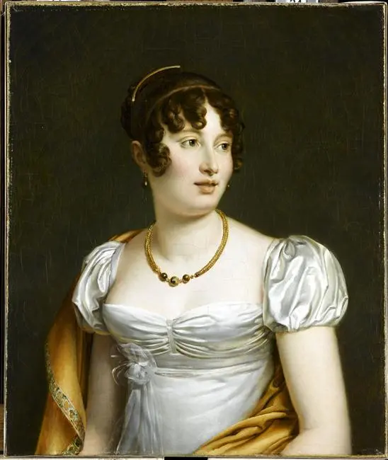Half-length portrait of Caroline Bonaparte, Queen of Naples, in a white Empire-style dress — short puffed sleeves, golden shawl at the shoulder, gold necklace with dark pendants, fine tiara, tight glossy curls; dark olive-green background — Neoclassical painting (attrib. François Gérard)