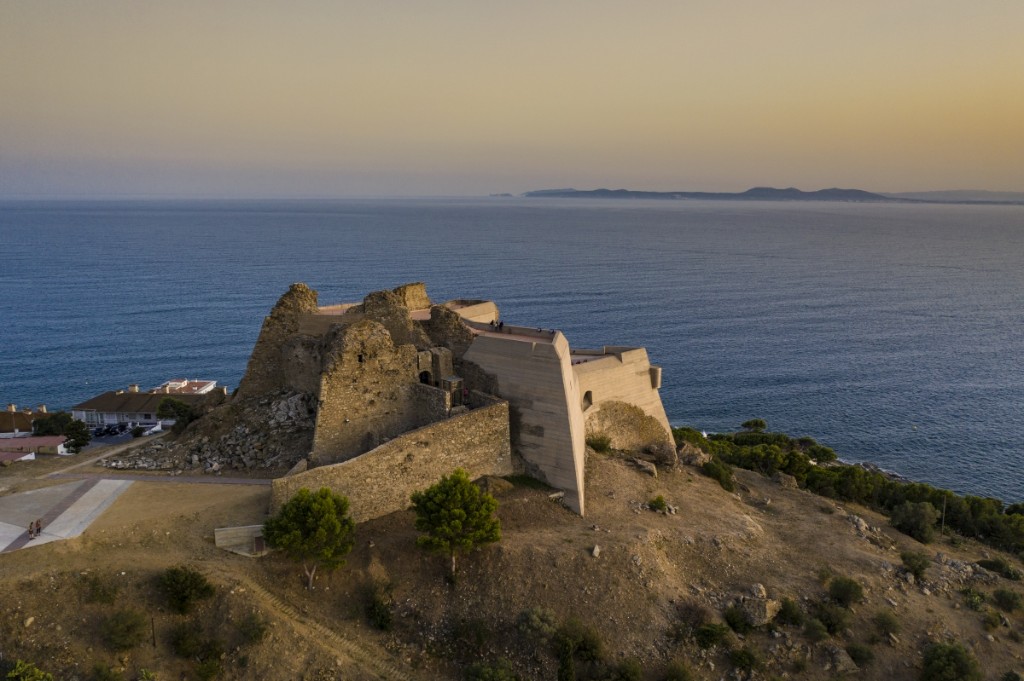 Castell de la Trinitat at Roses (Catalonia) — aerial view at sunset; fortress of the Siege of Roses (1794-1795) led by Pérignon