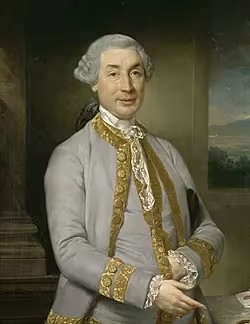 Dreiviertelporträt von Charles-Marie Bonaparte — mauve oder lavendelfarbener Rock mit Goldstickerei an Kragen, Aufschlägen und Manschetten, weißes Hemd und Spitzenjabot, puderfrisierte Perücke mit Locken; vor der Brust gekreuzte Hände; dunkler Hintergrund, rechts ferne Landschaft — Ölgemälde des 18. Jahrhunderts