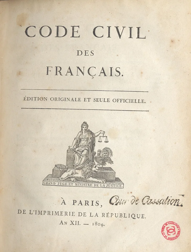 Page de titre imprimée d'un livre ancien portant la mention Code civil des Français, édition originale de 1804