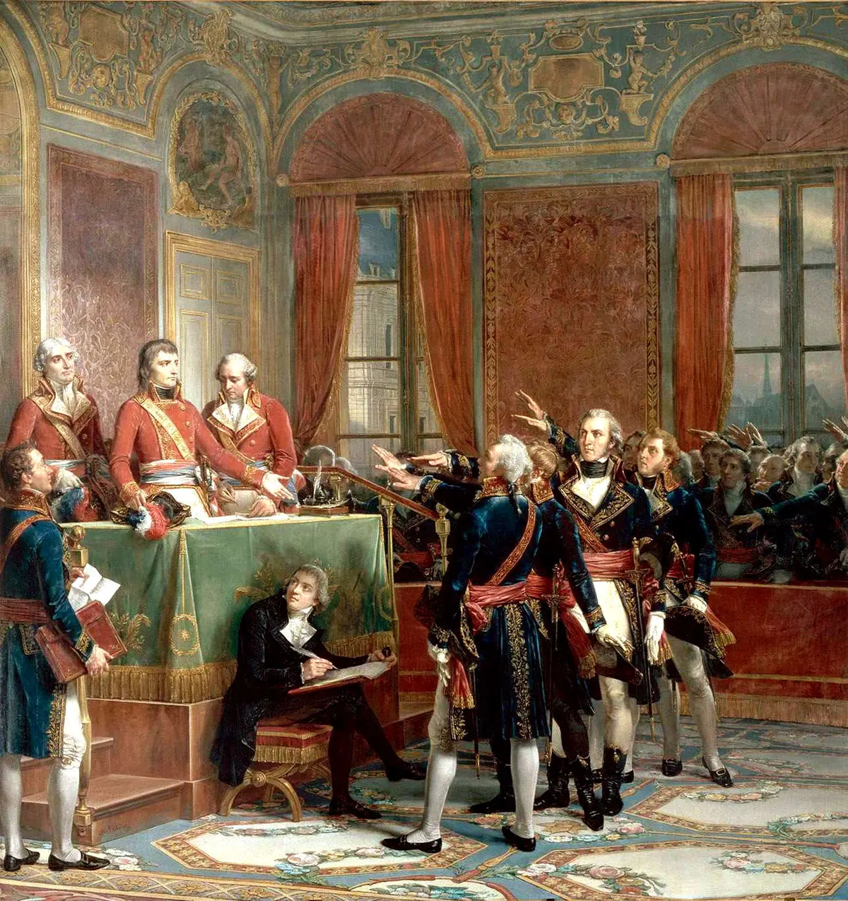 In a gilded room with red curtains, three men in red coats seated behind a table covered with a green cloth receive the oath of men in embroidered coats who raise their right hands