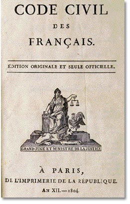 Codice civile francese (1804) — frontespizio, edizione originale e sola ufficiale, allegoria della Giustizia, anno XII; opera della commissione di cui Portalis fu redattore