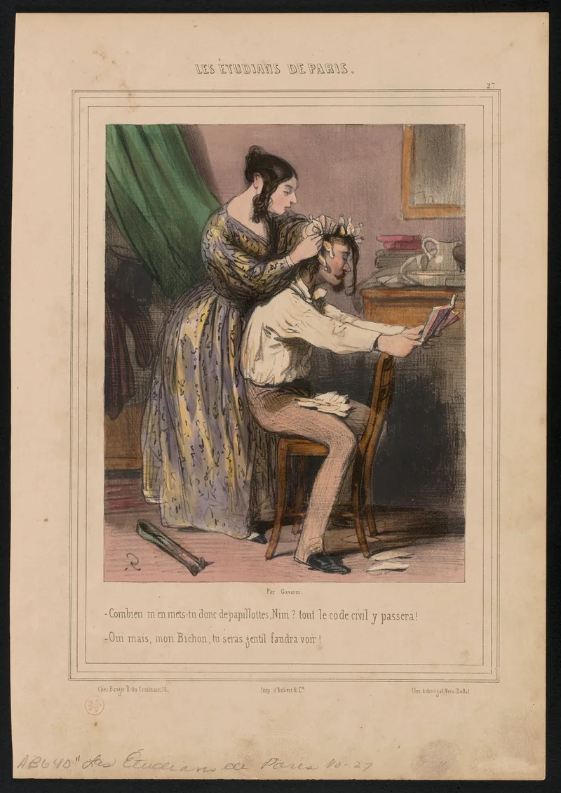 Hand-coloured lithograph: a young man in shirtsleeves, sitting astride a chair, reads a book while a young woman standing behind him rolls his hair in curl papers