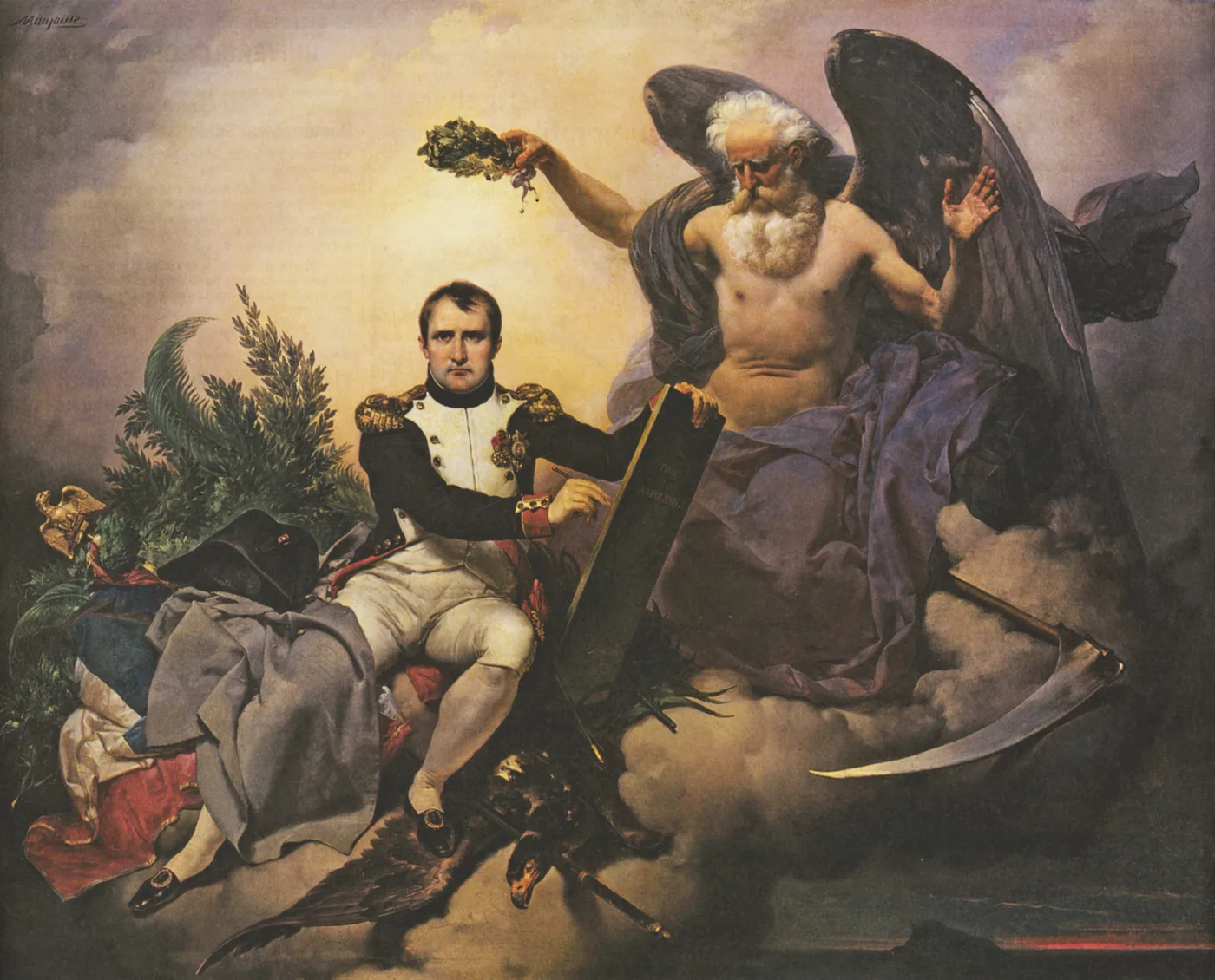Allégorie peinte : un empereur assis dans les nuages écrit sur des tables de pierre tandis qu'une figure ailée le couronne