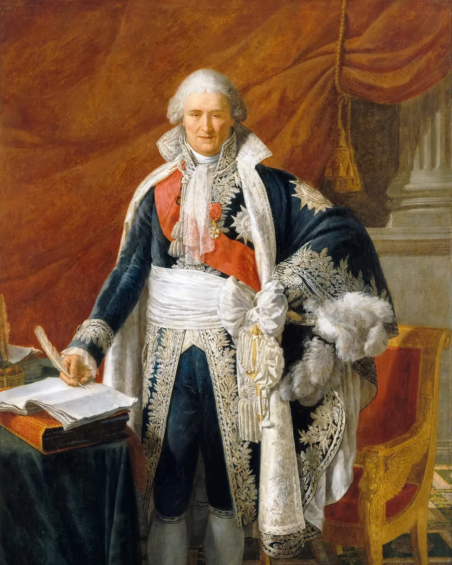 Full-length portrait of an elderly white-haired man in a blue coat embroidered with silver and a red sash, his hand resting on an open book, in front of a red drapery