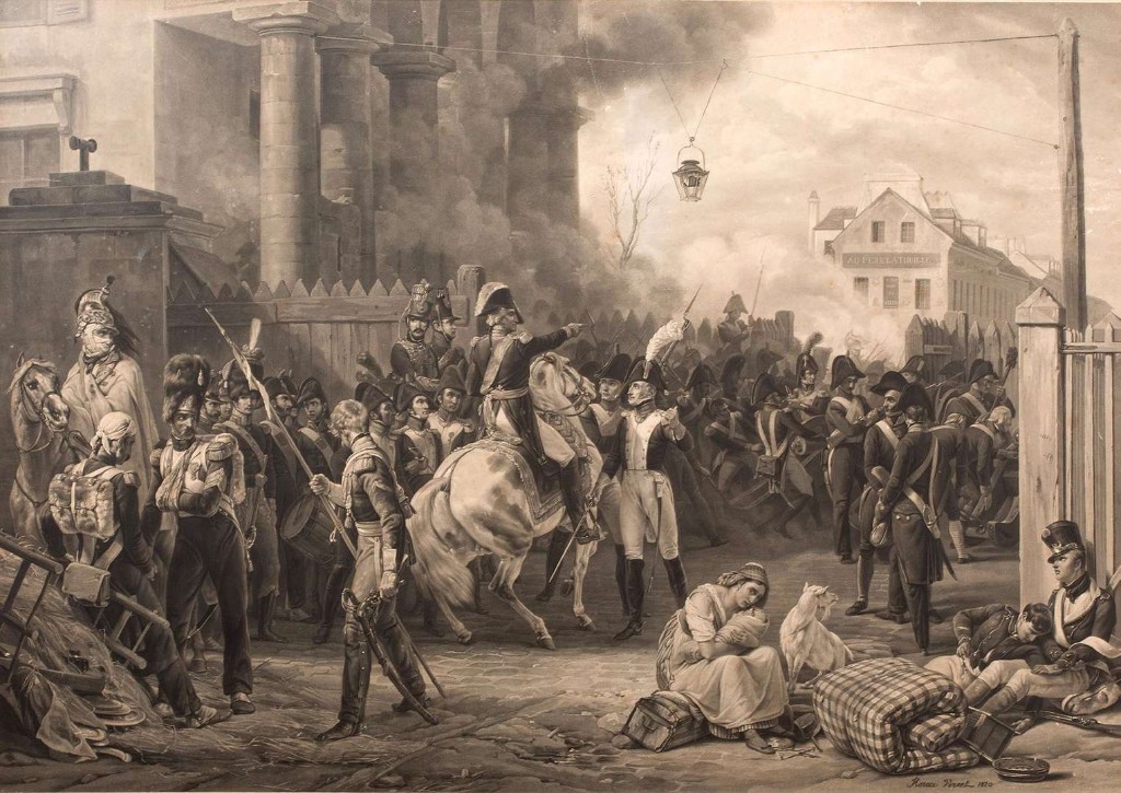 Defence of the Clichy barrier, 30 March 1814 — print after Horace Vernet: Moncey on horseback, National Guard, civilians; defence of Paris