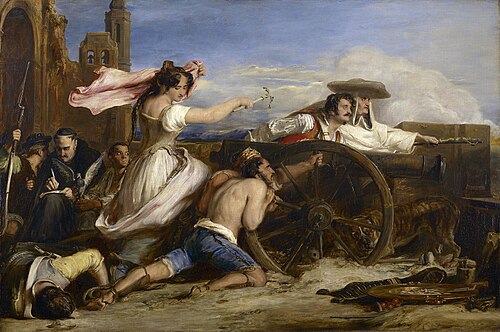 Verteidigung von Saragossa (1808–1809) — David Wilkie: Agustina von Aragón an der Kanone, Zivilisten und Mönche auf den Mauern; napoleonische Belagerung, Kontext Barcelona