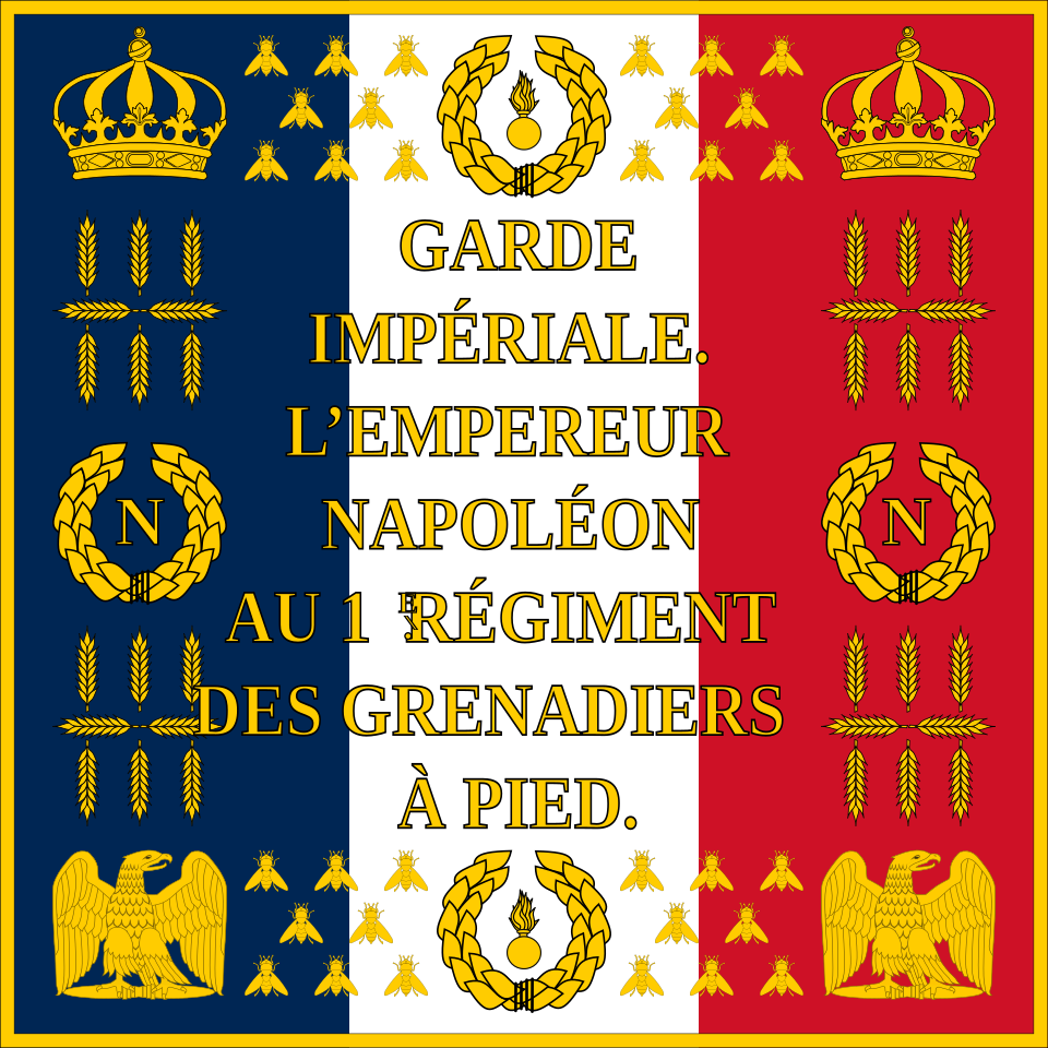 Fahne des 1. Regiments der Fußgrenadiere der kaiserlichen Garde — blau-weiß-roße Trikolore mit Kaiseradler, gekröntem N, flammender Granate und Bienen, napoleonische Standarte des Ersten Kaiserreichs