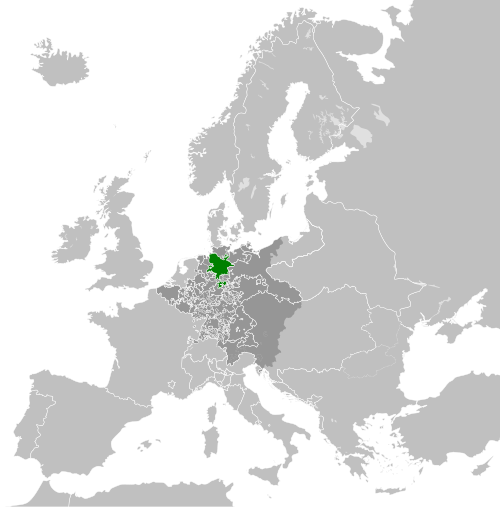 Mappa dell'elettorato di Brunswick-Lüneburg (Hannover) verso il 1789 — Alphathon: territorio di Giorgio III, posta della campagna di Mortier nel 1803