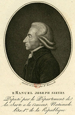 Portrait en profil d'Emmanuel-Joseph Sieyès tourné vers la gauche, perruque poudrée à rouleaux horizontaux, habit sombre à haut col et jabot blanc, dans un médaillon ovale sur fond gris pointillé ; sous le médaillon : « Dessiné et Gravé par F. Bonneville », titre « EMANUEL JOSEPH SIEYES », légende manuscrite « Député par le Département de la Sarte a la Convent. Nationale l'an 1er. de la République » — gravure d'époque révolutionnaire