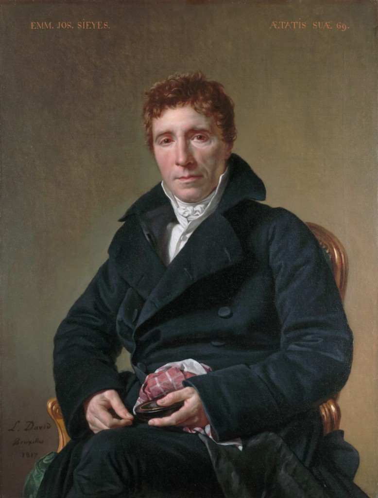 Portrait en lithographie noir et blanc d'Emmanuel Joseph Sieyès, mi-corps, légèrement de trois-quarts, manteau sombre à larges revers, chemise à col haut et petite cravate blanche, cheveux courts ondulés, regard vers le spectateur ; légende imprimée « SIEYÈS. », signatures « Maurin 1826 » et mention de lithographie (Delpech) — portrait d'homme d'État sous la Restauration