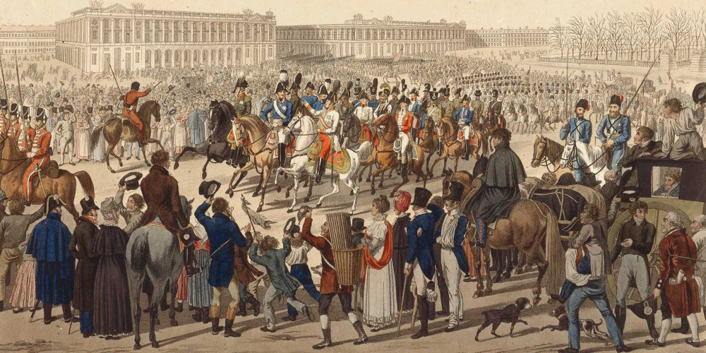 Entry of the Allied armies into Paris on 31 March 1814 — hand-coloured engraving: Paris square, Sixth Coalition monarchs and generals, crowd, end of the First Empire and transition to the Restoration (Joseph Fouché)