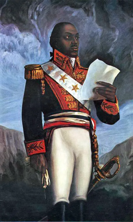 Full-length painted portrait of a man in a dark uniform with embroidered red facings, a white sash scattered with gold stars and a fringed epaulette; he reads a paper held in his right hand, a sabre at his waist, against a stormy sky and mountains