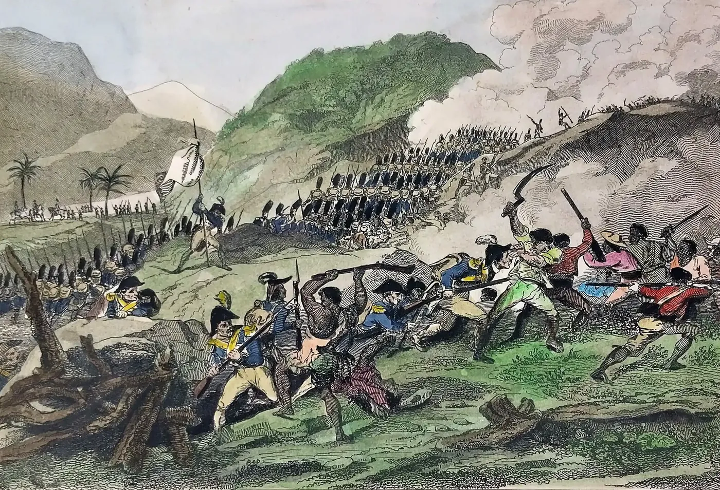 Hand-coloured engraving: on a green ridge, grenadiers in bearskin caps climb in column while, in the foreground, soldiers in blue coats fight with bayonets against Black combatants armed with muskets, scythes and staves; a man brandishes a white flag